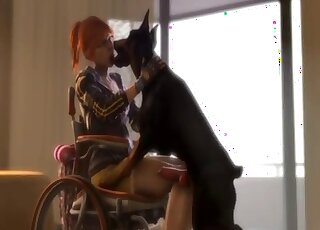 Animated porn - Redhead in a wheelchair makes out with Doberman