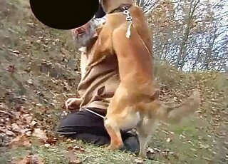 Old man drops pants down for outdoor sex with horny dog