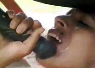 Skinny chick moans loudly while sucking massive shaft of a horse