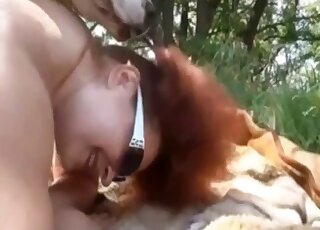 Big ass wife tries anal with a dog in outdoor zoo perversions