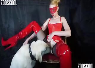 Horny hottie dressed in red looks so good with dog cock inside