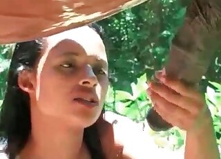 Brunette bitch stuffs filthy mouth with enormous dong of a stallion