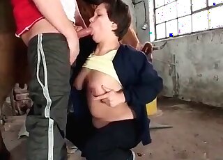 Slut strokes a cow’s tits while getting screwed by her brutal stud